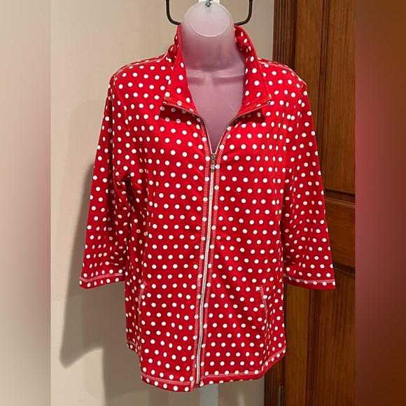 ONQUE CASUALS ZIP UP JACKET COVER UP LAYERING PIECE RED WHITE POLKA DOT LARGE - Picture 11 of 13